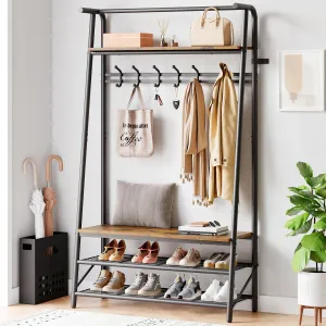 4-in-1 Hall Tree Coat Rack Shoe Bench, Wood Look Accent, Steel Frame, Storage Shelf, Hanging Bar, Industrial, Rustic Brown & Black