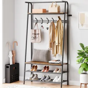 4-in-1 Hall Tree Coat Rack Shoe Bench with Wood Look, Steel Frame, Storage Shelf, Hanging Bar, Industrial, Rustic Brown & Black