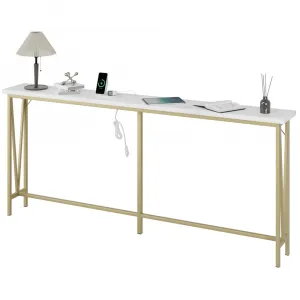 72.8" Gold Sofa Table with Outlets - White Marble Wood, Sturdy Iron Frame, Adjustable Feet, Easy Setup, Ideal for Entryway, Hallway, Living Room