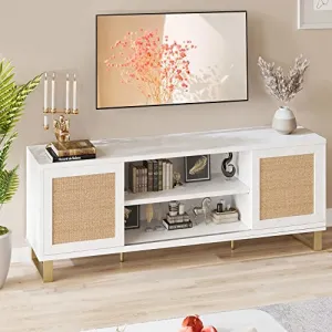 Rattan TV Stand for 65 Inch TV, Modern White Entertainment Center, MDF Wood, Sliding Doors, Shelves, Living Room, Bedroom