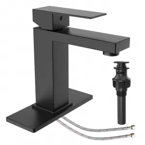Bathroom Sink Faucet, Matte Black Bathroom Sink Faucet for 1 or 3 Hole with Pop Up Drain Stopper and Water Supply Hoses No-Lead Modern Single Handle Bathroom Faucet (Deck Plate Included)