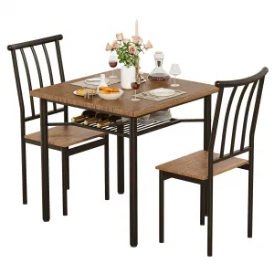 Dining Table Set for 2 , Kitchen Table and Chairs Kit with Wine Rack, 3 Piece Metal and Wood Square Dining Room Table Set for Small Space, Apartment, Brown
