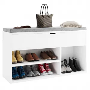 Shoe Storage Bench, Rack with Comfortable Thickened Cushion, Ample Storage Space with Lift-up Storage Box and 2 Tiers Shoe Rack in White