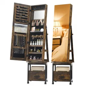 360° Swivel Jewelry Armoire, 66" H Floor Standing Locking with Full Length Mirror, Inside Makeup Mirror, Bottom Drawer, Rear Storage Shelves, Wheels, Brown Cabinet with Large Storage Capacity