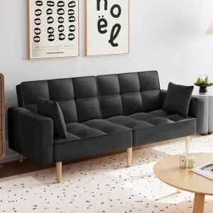 Convertible Futon Couch Sofa Bed + Tufted Linen Upholstery + Sturdy Wood Frame + Folding Love Seat + Black + Living Room