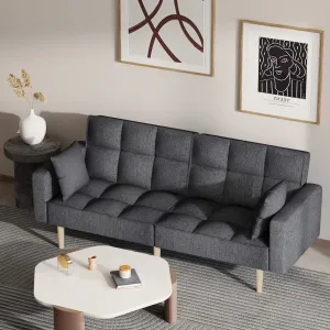 Convertible Futon Couch Bed, Tufted Linen Upholstery, Sturdy Wood Frame, Adjustable Recline, Bolster Pillows, Dark Gray, Ideal for Living Room