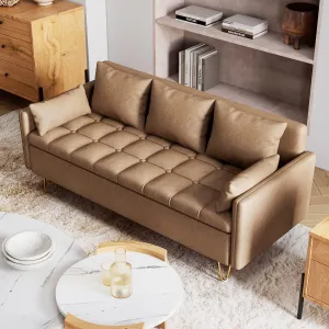 Sofa Couch Faux Leather 3-Seater Sofas with Hand Stitched Comfortable Cushion, Modern Design with Gold Metal Legs and Lift-Up Storage for Living Room - Light Brown