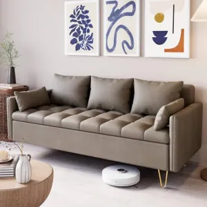 Faux Leather 3-Seater Sofa Couch + Hand Stitched Comfortable Cushion + Gold Metal Legs + Lift-Up Storage + Button Tufted Design + Dark Brown