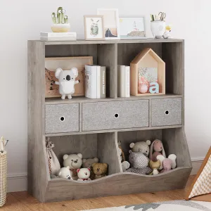 Kids Bookshelf and Bookcase Toy Storage Multi Shelf with Cubby Organizer Cabinet and Drawers for Boys Girls for Children's Room Playroom Hallway Bedroom (Grey)