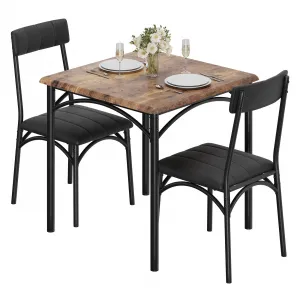3 Piece Dining Table Set for 2, Kitchen Table and Chairs Rectangular, Metal and Wood Dinning Room Table Furniture Set for Kitchen, Apartment, Brown
