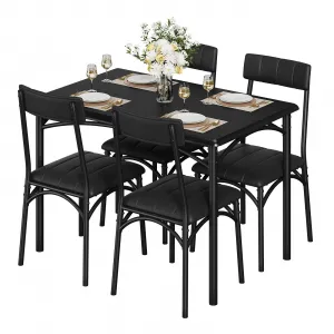 Dining Table Set for 4, Kitchen Table with 4 Upholstered Chairs, Wood Rectangular Dining Table and Chairs Set, for Small Space, Apartment, Dinner, Black