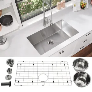 32 Inch Kitchen Sink - 16 Gauge Stainless Steel Kitchen Sink, Single Bowl Undermount Kitchen Sinks Workstation Sink, Easy Drain, Low Noise and Easy to Clean (Silver)