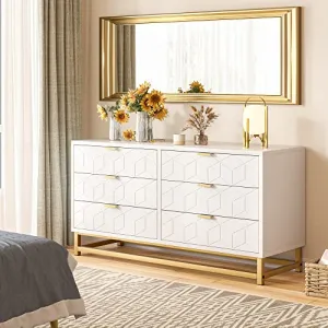 White 6 Drawer Dresser for Bedroom, Wood Chest of Drawers with Metal Legs, Modern Storage Dresser Chest Cabinet Organizer, Large Dresser for Living Room, Hallway, Closet