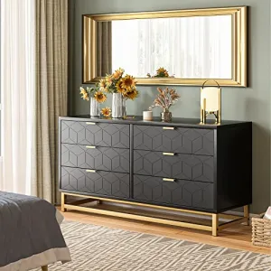 Black 6 Drawer Dresser for Bedroom, Wood Chest of Drawers with Metal Legs, Modern Storage Dresser Chest Cabinet Organizer, Large Dresser for Living Room, Hallway, Closet