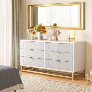 Grey 6 Drawer Dresser for Bedroom, Wood Chest of Drawers with Metal Legs, Modern Storage Dresser Chest Cabinet Organizer, Large Dresser for Living Room, Hallway, Closet