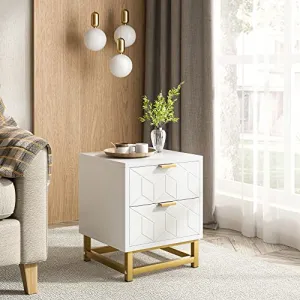 Nightstand with 2 Drawer Bedside Table [Golden Handle] [Golden Base] [Diamond Style] for Bedroom, The Living Room, White
