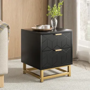Nightstand, 2 Drawer Dresser for Bedroom, Blakc Dresser with 2 Drawers, Bedside Furniture, Night Stand, End Table with Gold Frame for Bedroom, Living Room