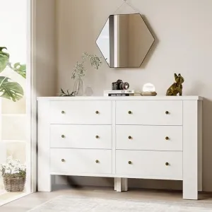 White Dresser with 6 Wood Drawers + Metal Handle + Ample Storage + MDF + Versatile Use + Bedroom, Living Room