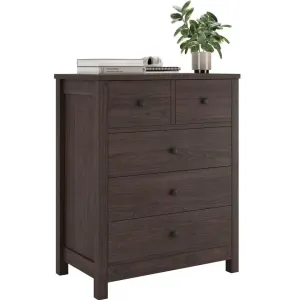 5 Drawer Wood Dresser Organizer + Sleek Brown Finish + Deep Space Storage + Solid Wood Legs + Versatile Use + Bedroom, Living Room, Entryway