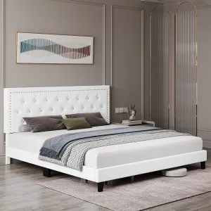 King Size Upholstered Platform Bed with Diamond Button Tufted Headboard, Faux Leather, Wood Slats, Easy Assembly, No Box Spring Needed, White