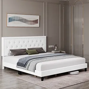 Queen Bed Frame,Upholstered Platform Bed with Diamond Button Tufted & Adjustable Headboard, Faux Leather, Wood Slats Support, Easy Assembly, No Box Spring Needed,White