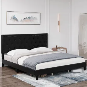 Upholstered Queen Size Bed Frame with Adjustable Headboard, Platform Bed with Button Tufted Headboard, No Box Spring Needed, Easy Assembly, Black