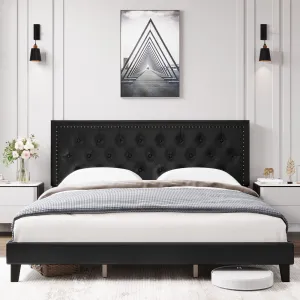 Full Size Bed Frame with Tufted Faux Leather Headboard, Upholstered Platform Bed with Adjustable Headboard, Wood Slat Support, No Box Spring Needed, Easy Assembly, Black