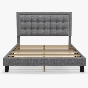 Queen Size Upholstered Platform Bed + Button Tufted Headboard + Heavy Duty Metal Foundation + Wood Slats + Adjustable Headboard + Noise-Free + No Box Spring Needed + Bedroom in Light Grey