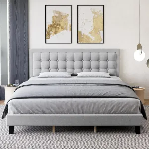 Full Size Linen Upholstered Bed Frame + Adjustable Headboard + Strong Wooden Slats + Non-Slip + Noise-Free + No Box Spring Needed + Easy Assembly + Grey