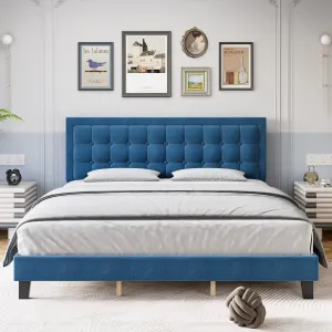 Queen Upholstered Platform Bed with Button Tufted Headboard, Metal Foundation, Wood Slats, Adjustable, Noise-Free, Blue