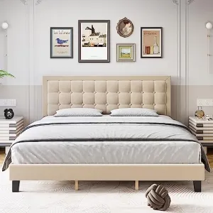 Queen Size Bed Frame, Linen Upholstered, Adjustable Headboard, Strong Wooden Slats, Non-Slip, Noise-Free, No Box Spring Needed, Easy Assembly, Off White