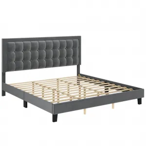 Modern Full Size Upholstered Bed Frame + Button Tufted Headboard + Heavy Duty Metal Foundation + Wood Slats + Adjustable Headboard + Noise-Free Design + Light Grey