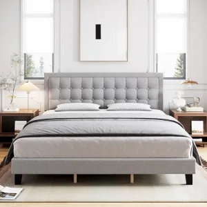 Queen Size Linen Upholstered Bed Frame + Adjustable Headboard + Strong Wooden Slats + Noise-Free + No Box Spring Needed + Easy Assembly + Grey