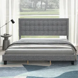 King Size Platform Bed Frame, Upholstered Button Tufted Headboard, Metal Foundation, Wood Slats, Adjustable, Noise-Free, Light Grey
