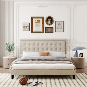 King Size Platform Bed Frame with Upholstered Button Tufted Headboard, Metal Foundation with Wood Slats Support No Box Spring Needed for Bedroom in Beige