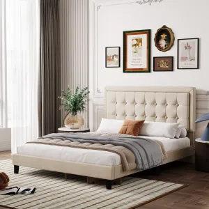 Queen Size Upholstered Platform Bed with Button Tufted Headboard, Heavy Duty Metal Foundation with Wood Slats No Box Spring Needed for Bedroom in Beige