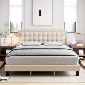 King Size Linen Upholstered Bed Frame with Adjustable Headboard, Strong Wooden Slats, Non-Slip, Noise-Free, Off White, Easy Assembly