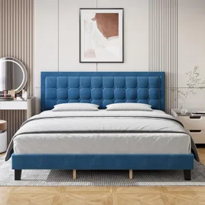King Size Platform Bed Frame + Upholstered Button Tufted Headboard + Metal Foundation + Wood Slats Support + Adjustable Headboard + Noise-Free Design + No Box Spring Needed + Easy Assembly for Bedroom in Blue