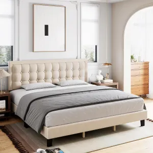 Full Size Linen Bed Frame with Adjustable Headboard, Wooden Slats, Non-Slip, Noise-Free, Easy Assembly, Off White