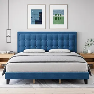Full Size Upholstered Bed Frame with Button Tufted Headboard, Heavy Duty Metal Foundation, Wood Slats, Adjustable Height, Noise-Free, No Box Spring Needed, Blue