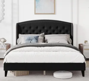 Full Size Upholstered Platform Bed + Wingback Headboard + Button Tufted Design + Wood Slat Support + Easy Assembly + No Box Spring Needed + Black
