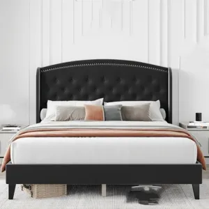 Queen Size Upholstered Platform Bed + Wingback Headboard + Button Tufted Design + Wood Slat Support + Easy Assembly + No Box Spring Needed + Black