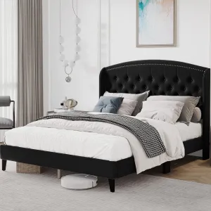 Bed Frame, Soft Velvet and Upholstered Platform Bed Frame with Wingback Headboard, Button Rivet Tufted Design, Wood Slat Support, No Box Spring Needed, Easy Assembly