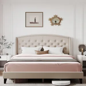 Full Size Upholstered Platform Bed Frame + Wingback Headboard + Button Tufted Design + Wood Slat Support + Easy Assembly + No Box Spring Needed + Off White