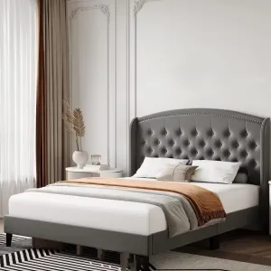 King Size Upholstered Platform Bed Frame with Wingback Headboard, Heavy Duty, Button Tufted, Wood Slat Support, Easy Assembly, No Box Spring Needed, Light Gray