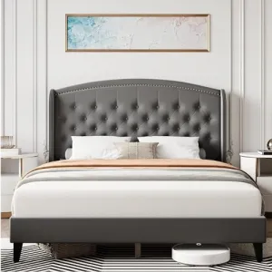 Queen Size Upholstered Platform Bed + Wingback Headboard + Heavy Duty Button Tufted + Velvet Fabric + Wood Slat Support + Easy Assembly + No Box Spring Needed + Light Gray