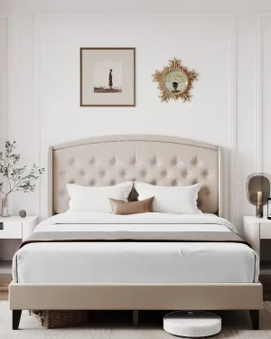 King Size Upholstered Platform Bed Frame + Wingback Headboard + Heavy Duty + Button Tufted + Velvet Fabric + Wood Slat Support + Easy Assembly + No Box Spring Needed + Off White