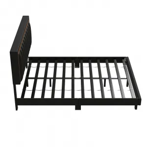 Queen Size Platform Bed Frame + Velvet Upholstered + Adjustable Tufted Headboard + Noise Free Design + Strong Wood Slats + No Box Spring Needed + Bedroom in Black
