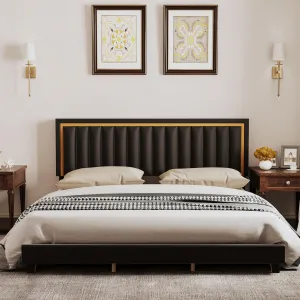 Full Size Bed Frame, Platform Bed Frame with Velvet Tufted Upholstered Headboard, 2024 New Metal Bed Frame with Adjustable and Gold Trim Headboard, Noise Free, Black