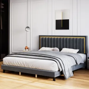 Queen Size Platform Bed Frame, Velvet Upholstered Bed with Adjustable Tufted Headboard and Noise Free Design, Strong Wood Slats Support No Box Spring Needed for Bedroom in Gray